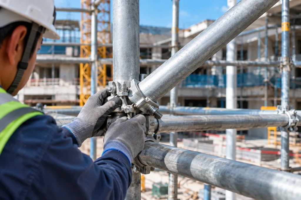 Close-up of diagonal bracing and coupler connections on a scaffold