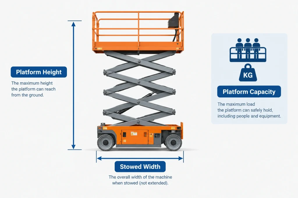 Diagram showing the three dimensions that define scissor lift size: platform height, capacity, and stowed width