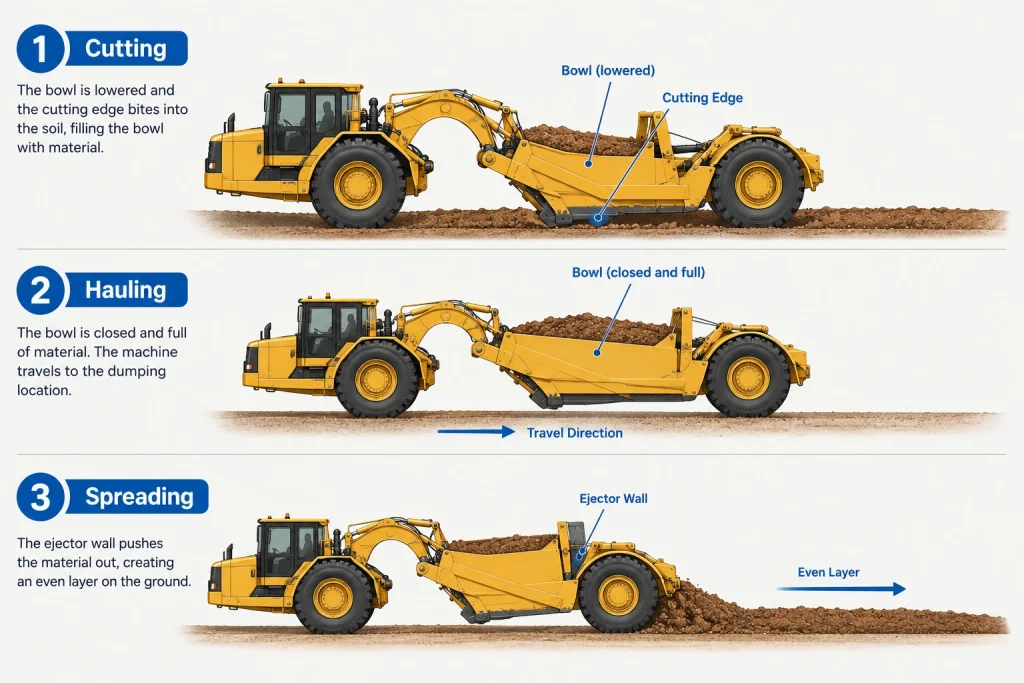 Three-stage diagram showing a scraper's cutting, hauling, and spreading cycle