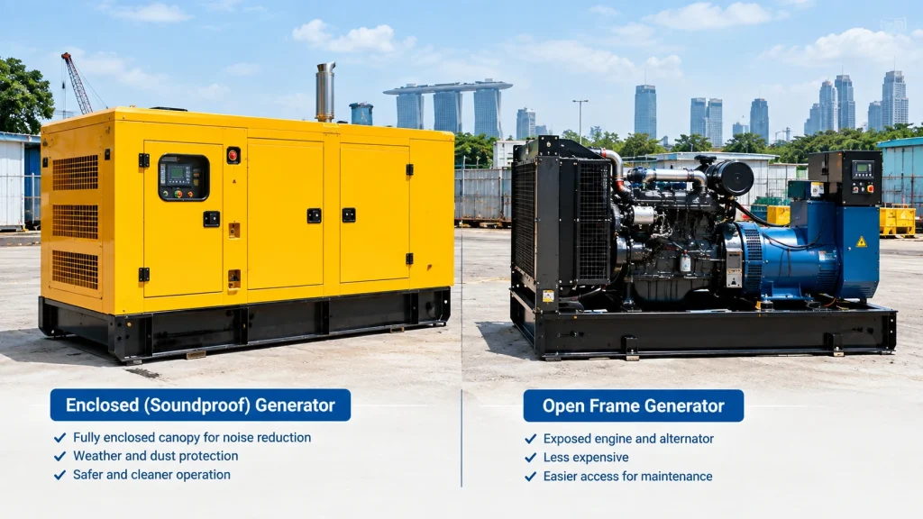 Silent generator with soundproof canopy next to an open-frame generator
