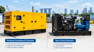 Silent generator with soundproof canopy next to an open-frame generator