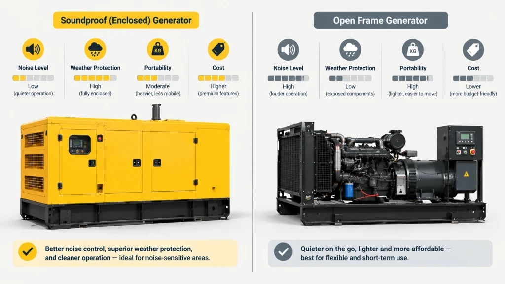 nfographic comparing silent and open generators across noise, weather protection, portability, and cost