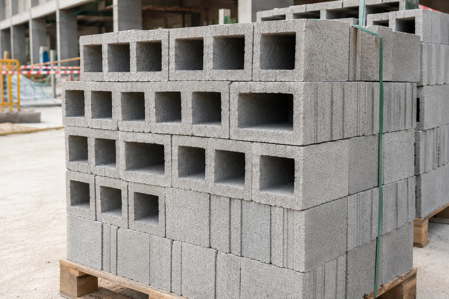 Stack of concrete masonry blocks on a construction site