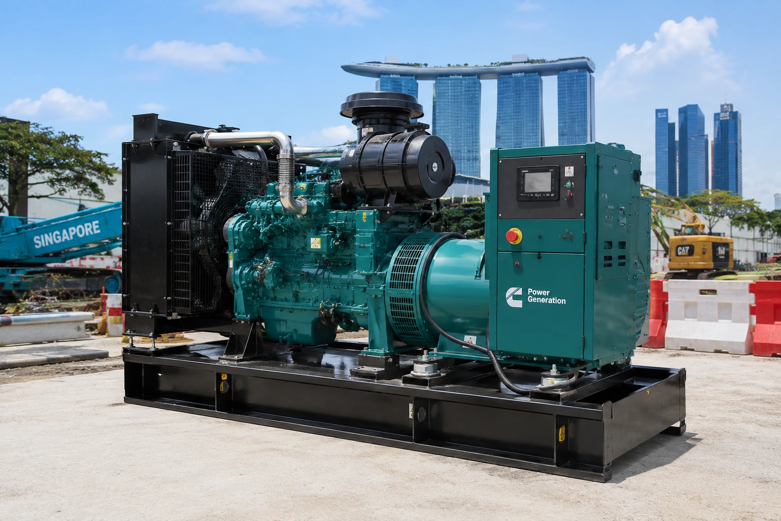 Complete industrial genset unit showing engine, alternator, and control panel
