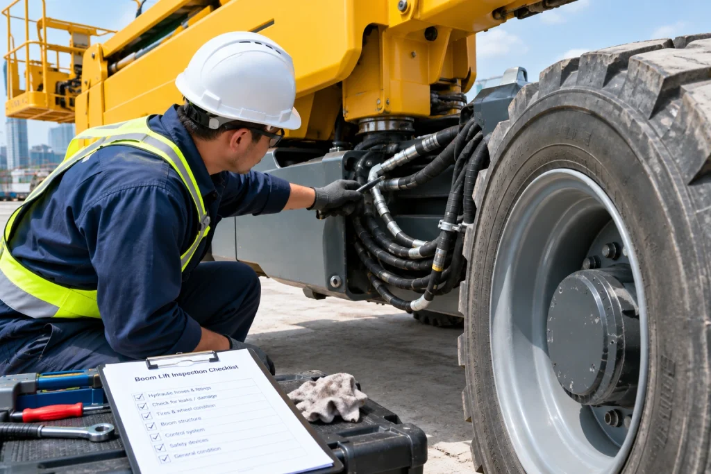 Technician inspecting hydraulic hoses and tyres on a boom lift