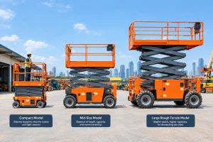Three scissor lifts of different sizes shown side by side for comparison
