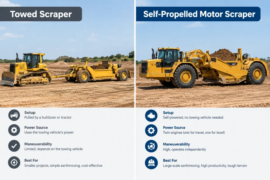 Comparison of towed scraper and self-propelled motor scraper