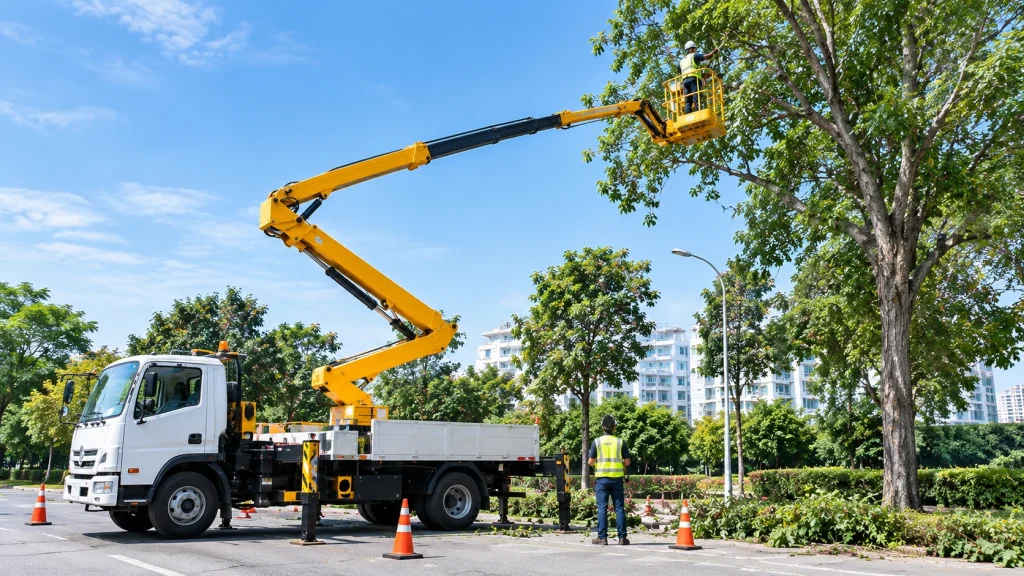 Truck-mounted cherry picker with platform raised for elevated work