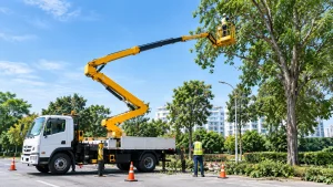 Truck-mounted cherry picker with platform raised for elevated work