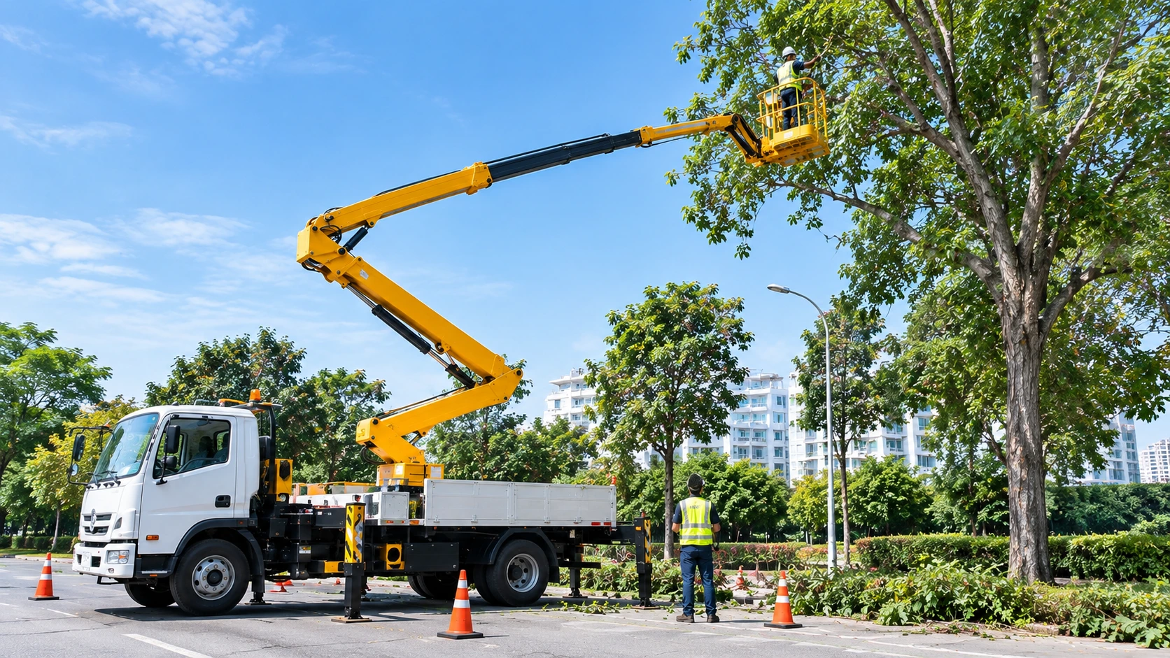 Truck-mounted cherry picker with platform raised for elevated work