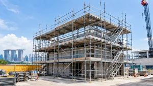 Complete scaffold structure showing framing, platforms, and guardrails