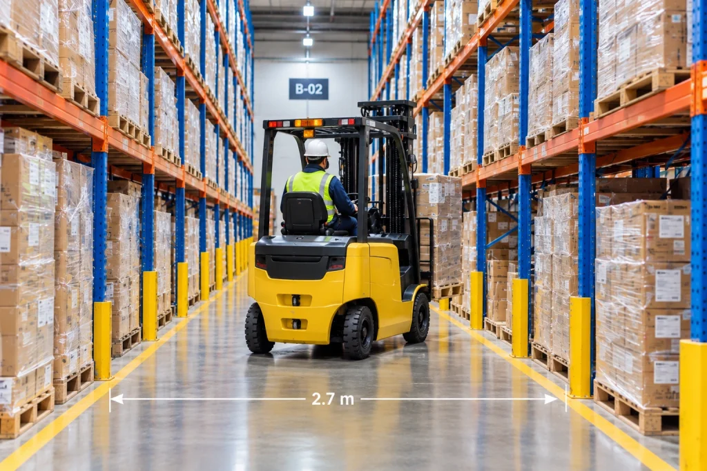Forklift navigating a narrow warehouse aisle showing turning clearance