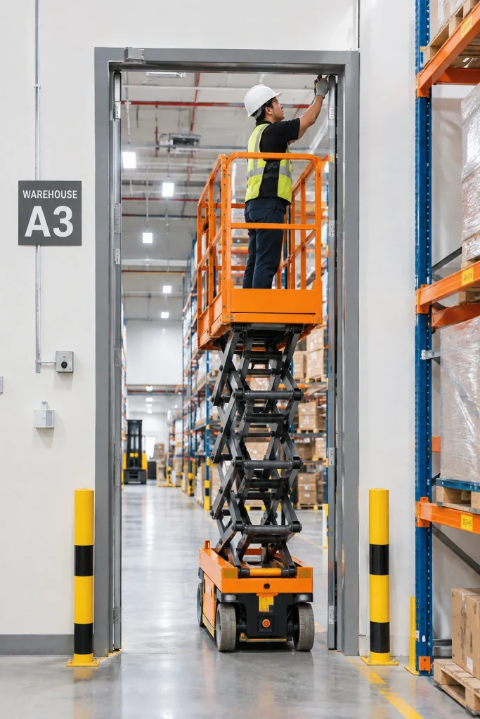 Compact scissor lift narrow enough to fit through a standard doorway