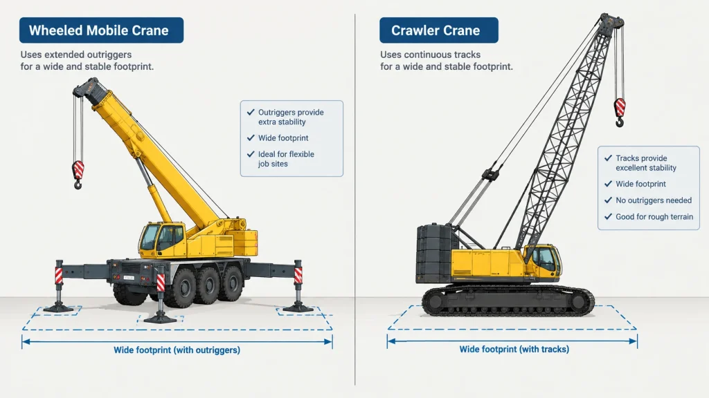 Diagram comparing outrigger stability on a wheeled crane versus track stability on a crawler crane