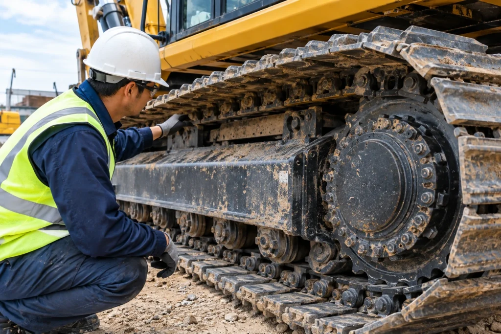 Close-up of excavator undercarriage showing tracks and track rollers