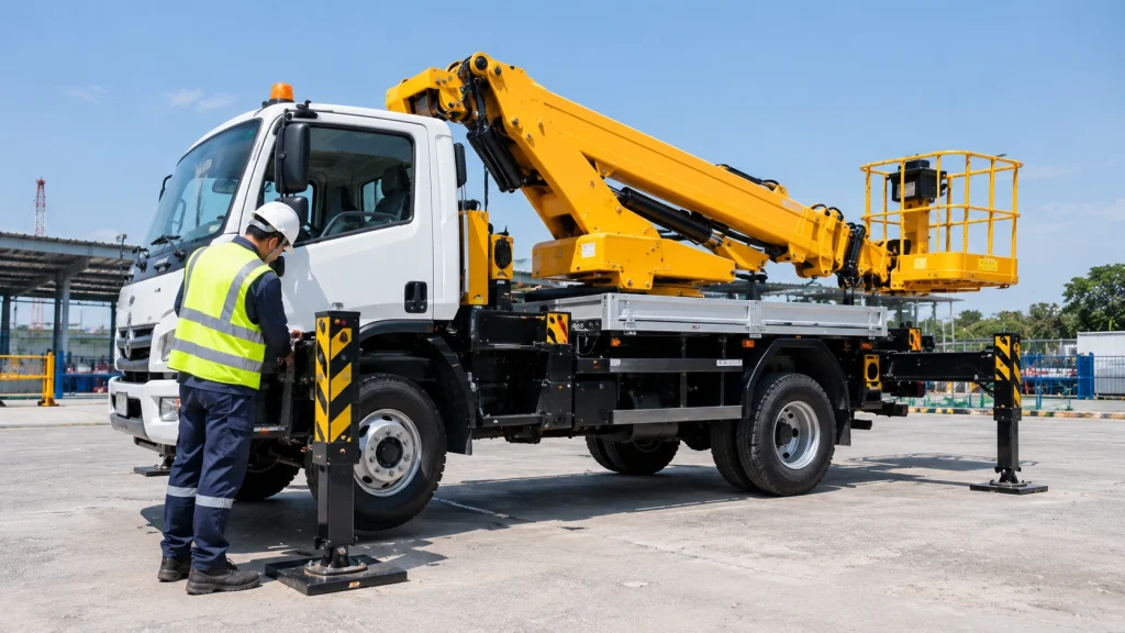 Cherry picker outriggers deployed before raising the platform