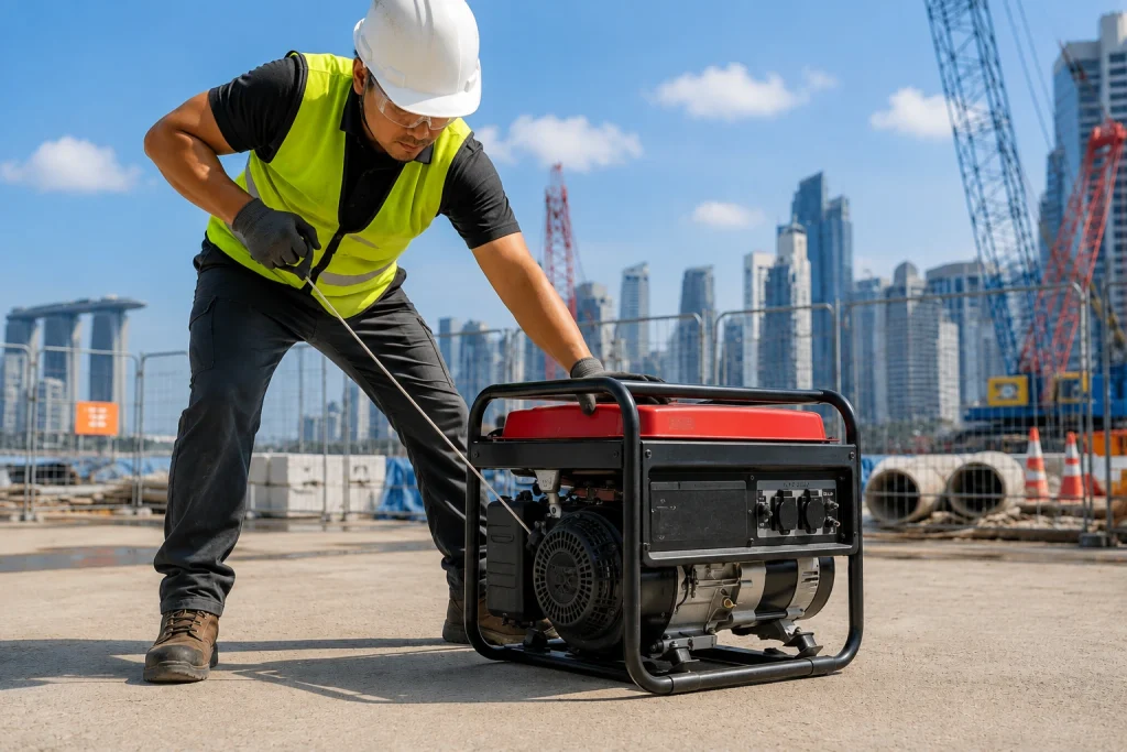 Person starting a portable generator outdoors