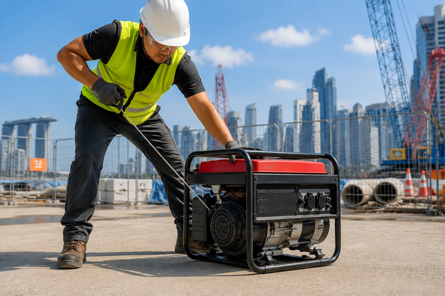 Person starting a portable generator outdoors