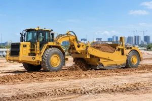 Motor scraper cutting and loading soil on a construction site