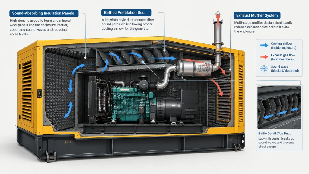 Cutaway diagram showing sound insulation and baffled ventilation inside a silent generator enclosure