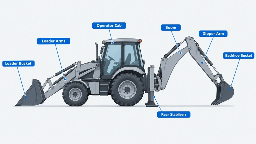 Diagram of backhoe loader parts including loader bucket, cab, stabilisers, boom, and dipper arm