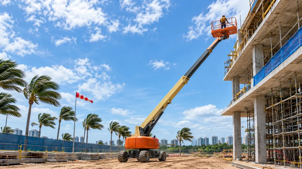 Raised boom lift on a construction site with trees and a flag bending in the wind