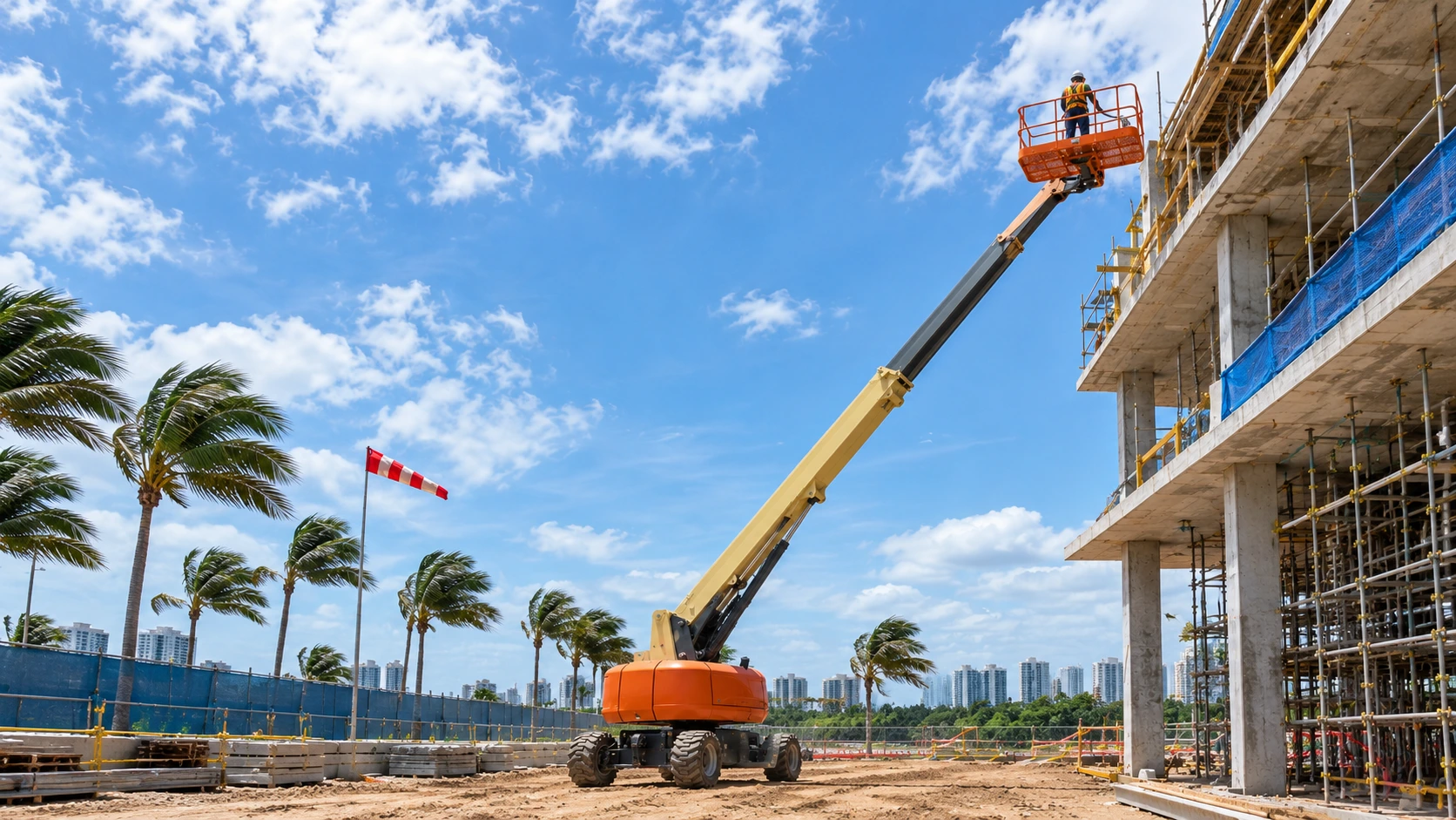 Raised boom lift on a construction site with trees and a flag bending in the wind