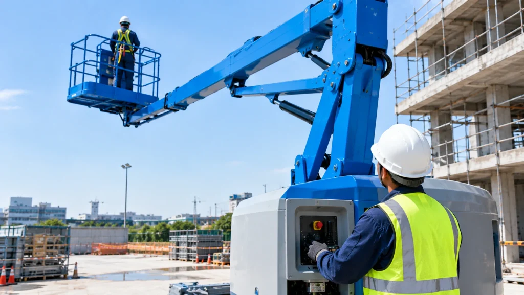 Ground worker using the emergency lowering controls to bring down a boom lift platform