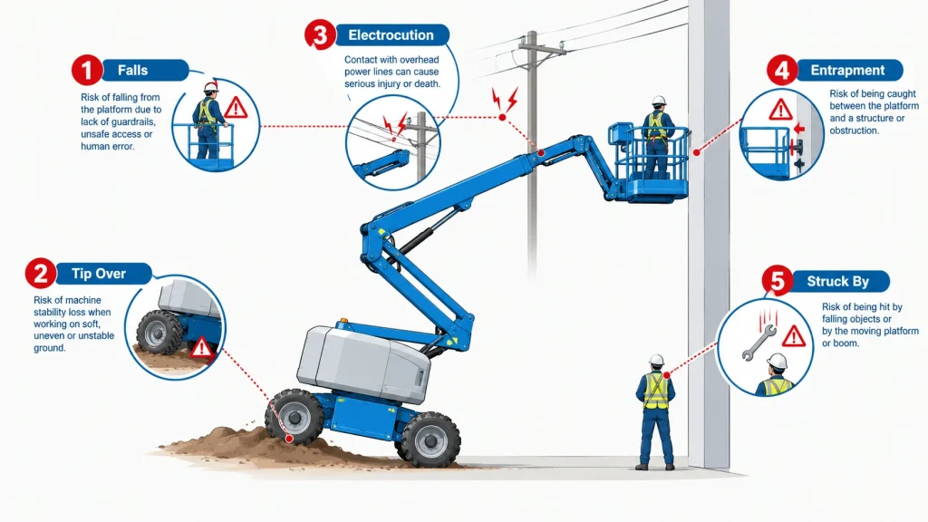 Diagram of the five main aerial work platform hazards: falls, tip over, electrocution, entrapment, and struck by