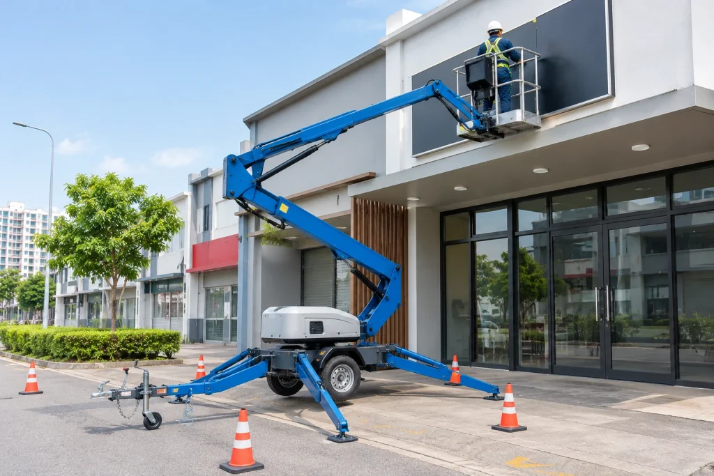 Towable boom lift set up on stabilisers reaching a sign above a shopfront