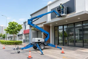 Towable boom lift set up on stabilisers reaching a sign above a shopfront