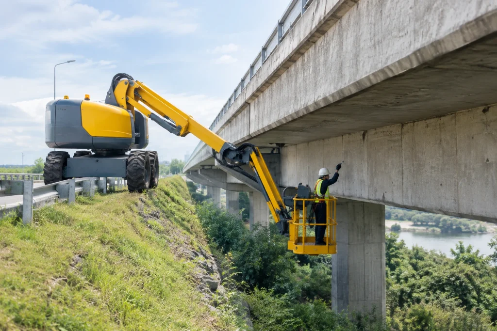 Knuckle boom lift lowering its platform below ground level to inspect a bridge underside