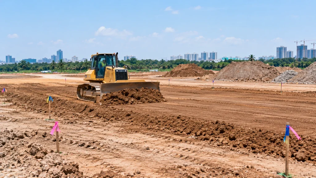 Bulldozer spreading soil during rough grading on a construction site with survey stakes