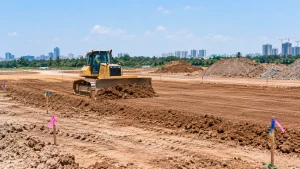 Bulldozer spreading soil during rough grading on a construction site with survey stakes