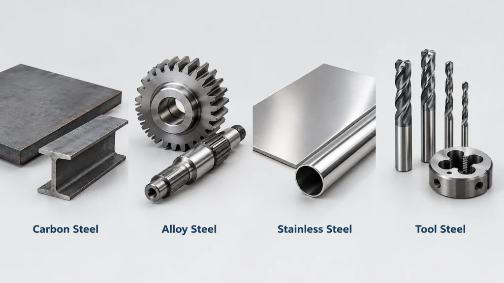 Samples of carbon steel, alloy steel, stainless steel, and tool steel side by side