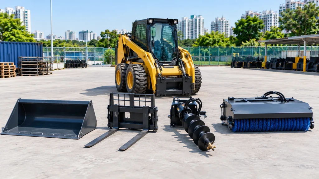 Skid steer loader with bucket, pallet forks, auger, and sweeper attachments