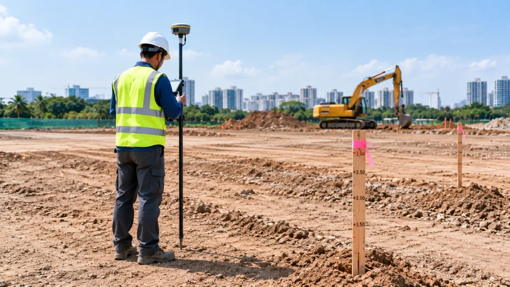 Surveyor setting out grade stakes with a GPS rover before grading begins