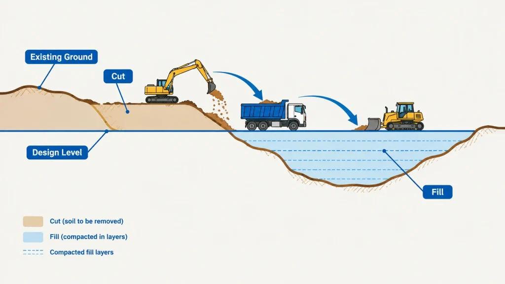 Cross section diagram showing cut and fill between existing ground and design level
