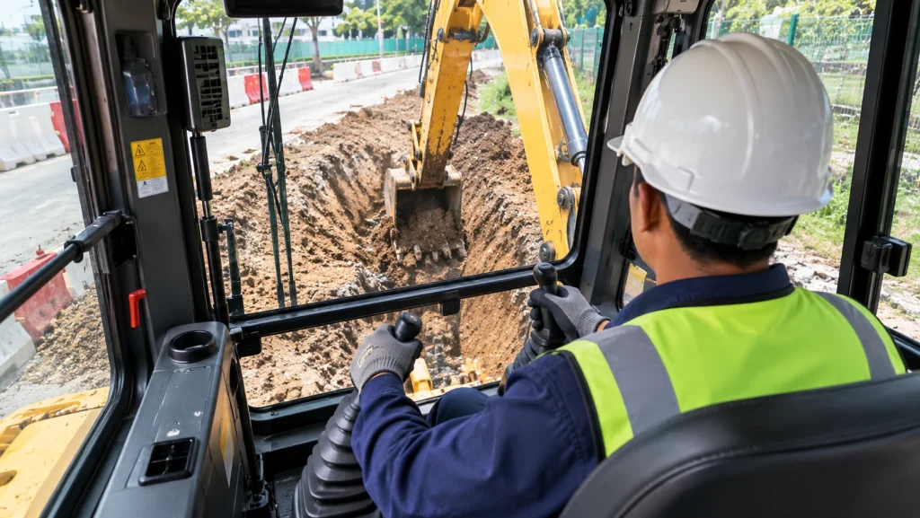 Operator facing the rear of a backhoe loader cab to control the backhoe arm