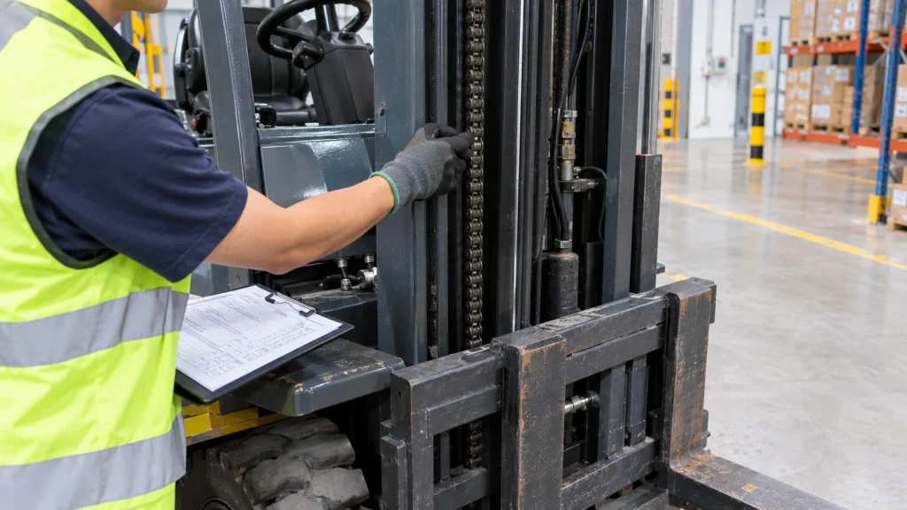 Trainee checking the forklift mast and chains during a pre use inspection