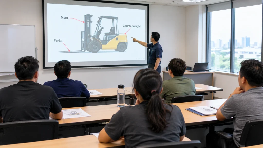 Trainees in a classroom learning forklift parts and stability during theory training