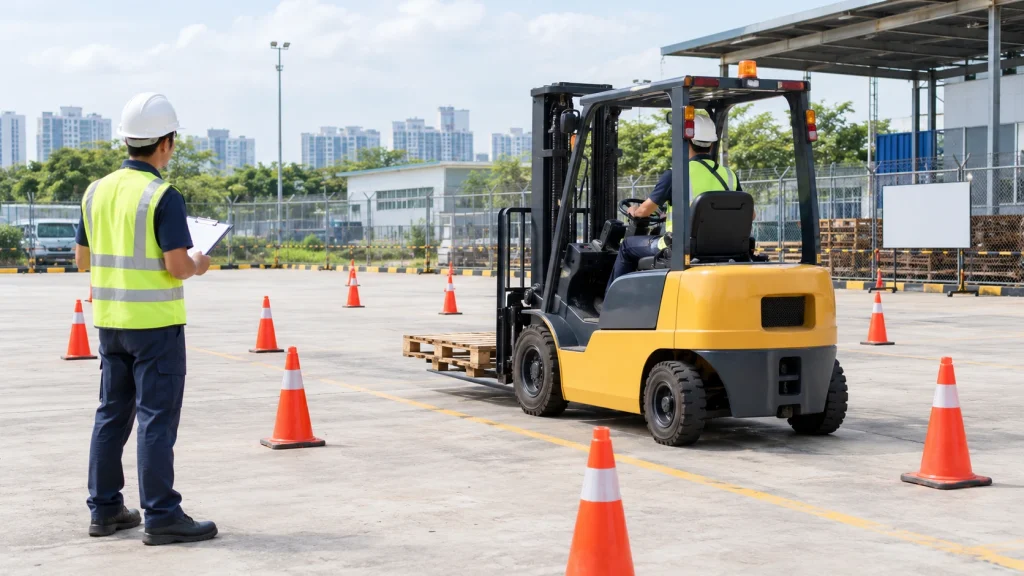 Forklift trainee driving through a cone course while an instructor observes