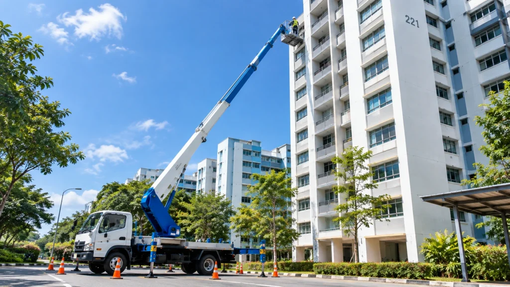 Truck mounted cherry picker with boom fully extended beside a mid rise building