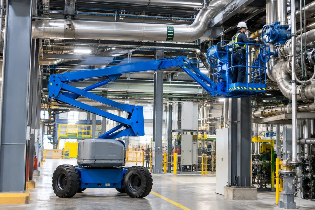 Knuckle boom lift reaching between pipework in an industrial plant for maintenance