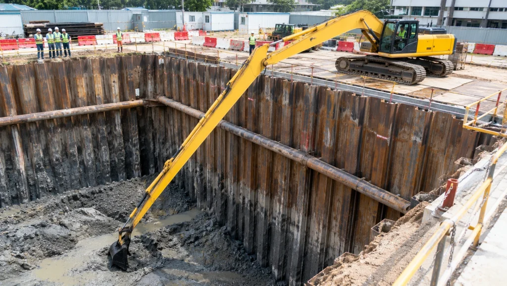 Long arm excavator digging at the bottom of a deep basement excavation