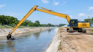 Long arm excavator reaching across a drainage canal to remove silt