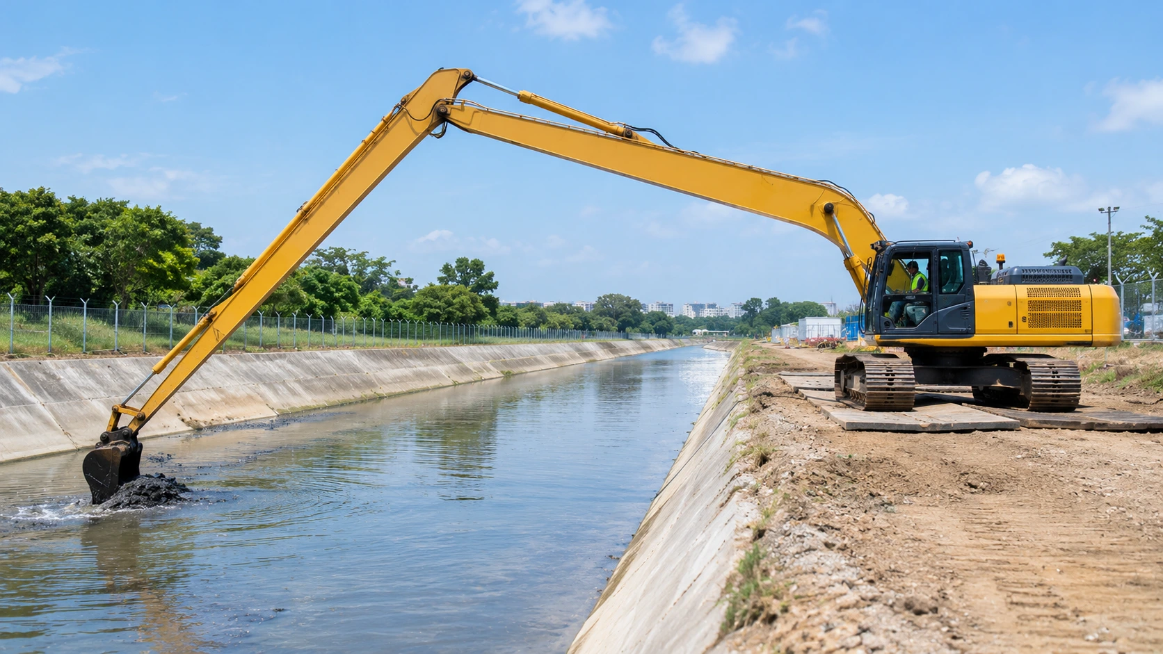 Long arm excavator reaching across a drainage canal to remove silt