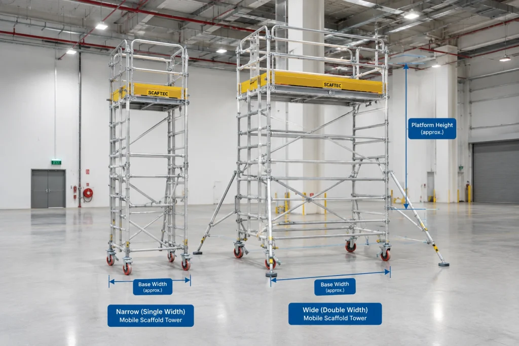 Narrow and wide base mobile scaffold towers shown side by side for size comparison