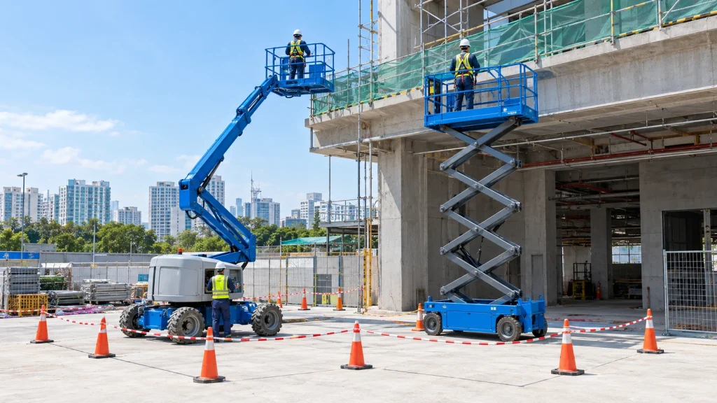Boom lift and scissor lift in use with workers in harnesses and an exclusion zone marked below