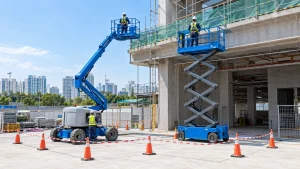 Boom lift and scissor lift in use with workers in harnesses and an exclusion zone marked below